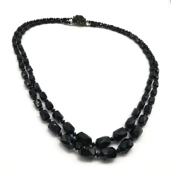 Antique Black Jet Faceted Glass Graduated Double Strand Flower Clasp Necklace - Picture 2 of 8